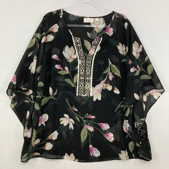 Belle by Kim Gravel Tops - Belle Kim Gravel size 1X Black Multi Floral Embroidered Split Neck Blouse